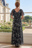 Black Tulle A-Line V-Neck Printed Long Mother Of the Bride Dress