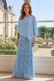 Light Blue Sheath Sequins Long Mother Of the Bride Dress with Cape