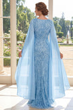 V-Neck Light Blue Sheath Sequins Long Mother Of the Bride Dress with Cape Sleeves