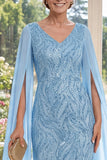 V-Neck Light Blue Sheath Sequins Long Mother Of the Bride Dress with Cape Sleeves