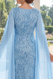 V-Neck Light Blue Sheath Sequins Long Mother Of the Bride Dress with Cape Sleeves