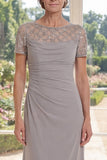 Grey Chiffon Sheath Beaded Ruched Long Mother Of the Bride Dress