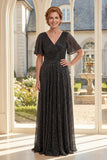A-Line Black V-Neck Long Mother Of the Bride Dress with Flutter Sleeves