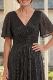 A-Line Black V-Neck Long Mother Of the Bride Dress with Flutter Sleeves