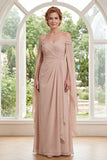 Chiffon Champagne Off the Shoulder Ruched Mother Of the Bride Dress with Cape Sleeves