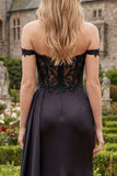 Satin Black Off the Shoulder Mermaid Ruched Beaded Long Prom Dress with Slit