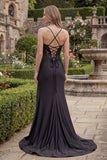 Satin Black Mermaid Beaded Long Prom Dress with Slit
