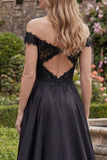 A-Line Satin Black Off the Shoulder Beaded Long Prom Dress