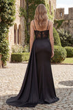 Mermaid Satin Black Ruched Beaded Long Prom Dress with Slit