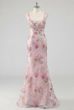 Pink Square Neck Mermaid Floral Long Prom Dress with Beading