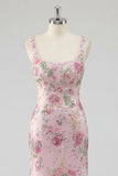 Pink Square Neck Mermaid Floral Long Prom Dress with Beading