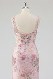 Pink Square Neck Mermaid Floral Long Prom Dress with Beading