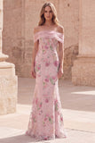 Off the Shoulder Pink Mermaid Floral Long Prom Dress with Beading