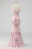 Off the Shoulder Pink Mermaid Floral Long Prom Dress with Beading