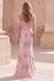 Off the Shoulder Pink Mermaid Floral Long Prom Dress with Beading