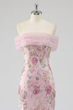 Off the Shoulder Pink Mermaid Floral Long Prom Dress with Beading
