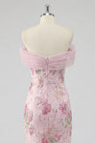 Off the Shoulder Pink Mermaid Floral Long Prom Dress with Beading