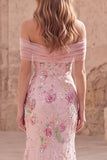 Off the Shoulder Pink Mermaid Floral Long Prom Dress with Beading