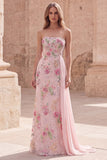 Strapless Pink Mermaid Beaded Floral Long Prom Dress with Sash
