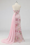 Strapless Pink Mermaid Beaded Floral Long Prom Dress with Sash