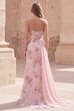 Strapless Pink Mermaid Beaded Floral Long Prom Dress with Sash