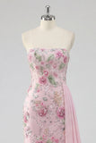 Strapless Pink Mermaid Beaded Floral Long Prom Dress with Sash