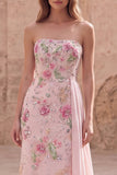 Strapless Pink Mermaid Beaded Floral Long Prom Dress with Sash