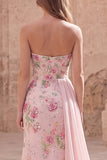 Strapless Pink Mermaid Beaded Floral Long Prom Dress with Sash