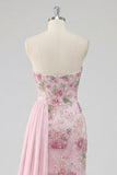 Strapless Pink Mermaid Beaded Floral Long Prom Dress with Sash