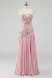 Strapless Pink A-Line Beaded Floral Long Prom Dress with Slit