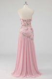 Strapless Pink A-Line Beaded Floral Long Prom Dress with Slit
