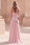Strapless Pink A-Line Beaded Floral Long Prom Dress with Slit