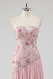 Strapless Pink A-Line Beaded Floral Long Prom Dress with Slit