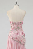 Strapless Pink A-Line Beaded Floral Long Prom Dress with Slit