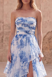 White Blue Flower Strapless A-Line Tiered Ruffled Long Prom Dress with Slit