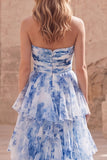 White Blue Flower Strapless A-Line Tiered Ruffled Long Prom Dress with Slit