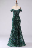 Sparkly Mermaid Dark Green Off the Shoulder Sequins Long Prom Dress