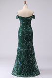 Sparkly Mermaid Dark Green Off the Shoulder Sequins Long Prom Dress