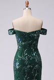 Sparkly Mermaid Dark Green Off the Shoulder Sequins Long Prom Dress