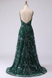 Sparkly A-Line Dark Green Spaghetti Straps Sequins Long Prom Dress