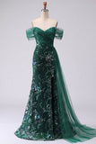 Sparkly Off the Shoulder Dark Green Mermaid Sequins Long Prom Dress with Slit