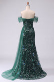 Sparkly Off the Shoulder Dark Green Mermaid Sequins Long Prom Dress with Slit