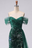 Sparkly Off the Shoulder Dark Green Mermaid Sequins Long Prom Dress with Slit