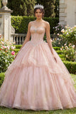 Strapless Ball Gown Beaded Ruffled Pink Quinceanera Dress