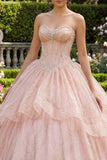 Strapless Ball Gown Beaded Ruffled Pink Quinceanera Dress