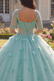 Light Green Ball Gown Half Sleeve Corset 3D Flower Quinceanera Dress