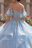 Off The Shoulder Floral Sky Blue Ball Gown Corset Quinceanera Dress