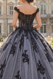 Off The Shoulder Black Ball Gown Appliqued Quinceanera Dress