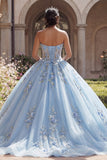 Strapless Blue Corset Appliqued Ball Gown Quinceanera Dress