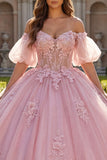 Pink Off the Shoulder Appliqued Ball Gown Quinceanera Dress with Puff Sleeves